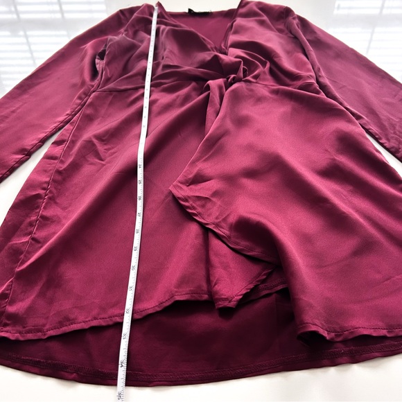 PrettyLittleThing Burgundy Satin Wrap Mini Dress Long Sleeve Size 8 - Picture 9 of 15